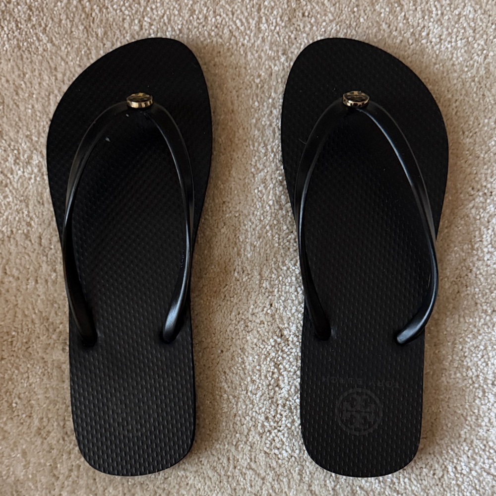 Tory Burch Black Flip Flops with Logo Emblem